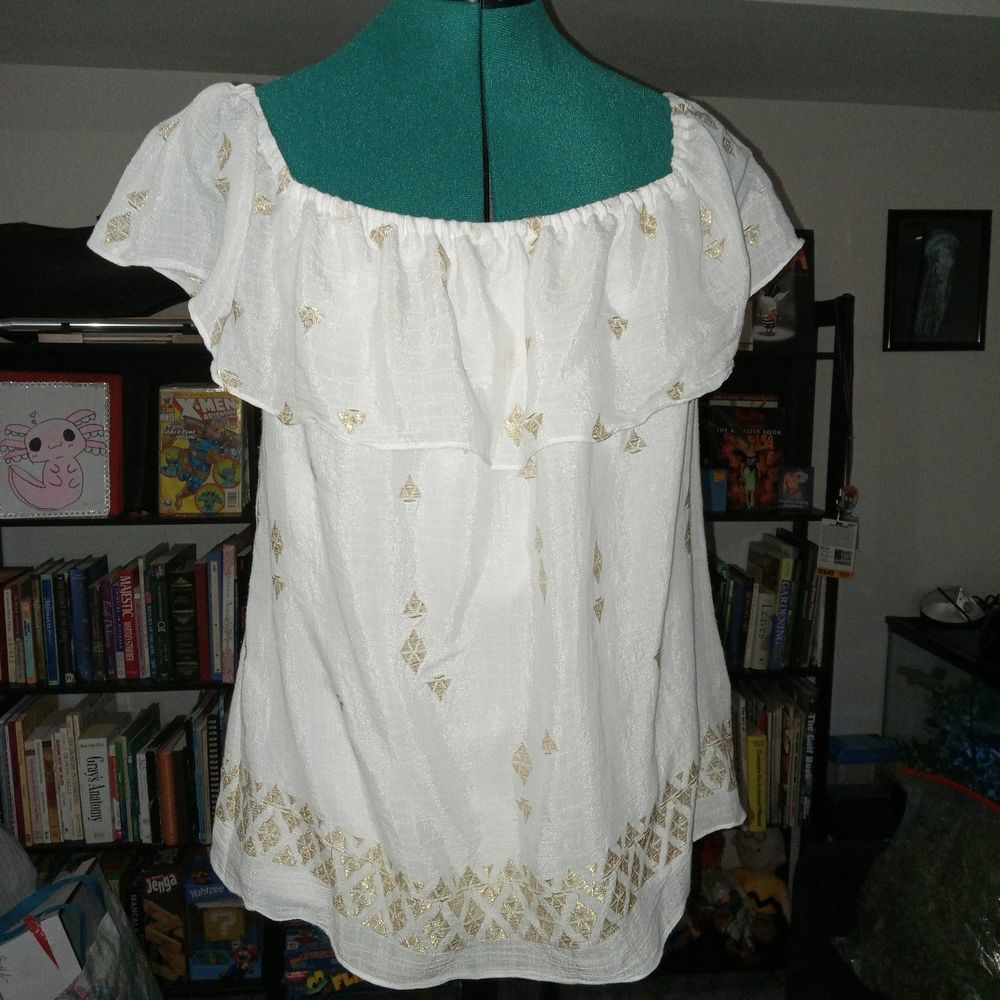 JM COLLECTIONS Women L Grecian Style White Gold Embrod Lined Gauzy Ruffle Top